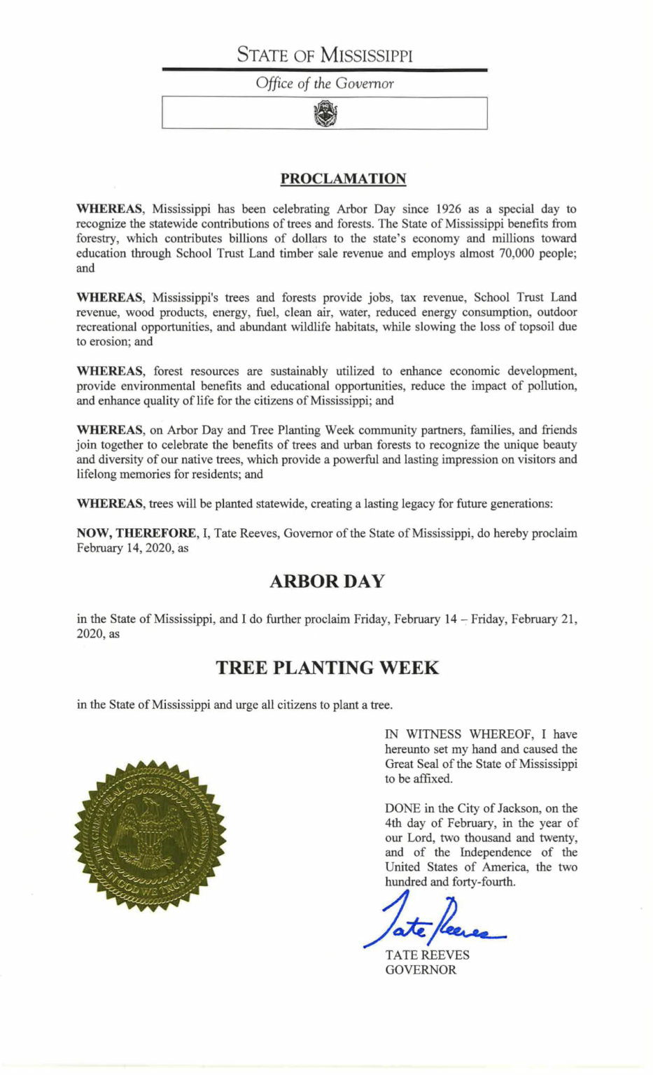 2020 Arbor Day Signed Proclamation Mississippi Forestry Commission