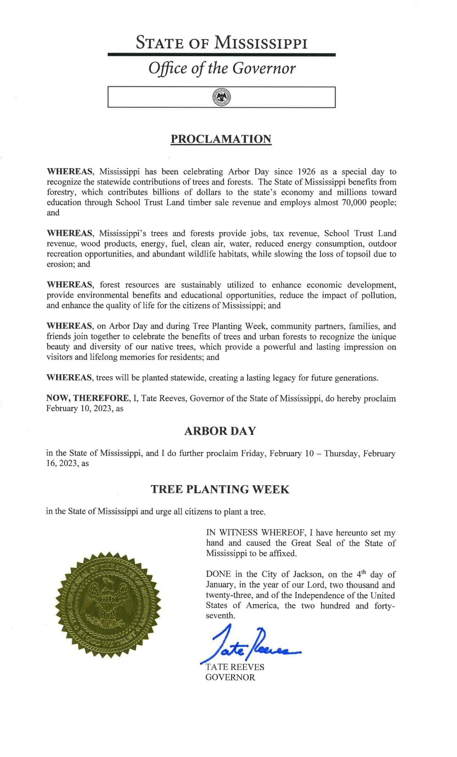 Gov. Reeves proclaims February 10 as Mississippi Arbor Day